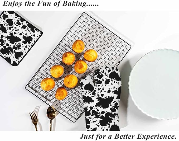 Black Brindle Oven Mitts and Pot Holders Sets Milk Cow Skin Spots Creative Heat Resistant 3pcs for Cooking Baking BBQ