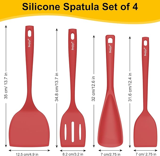 Beijiyi Silicone Spatula Set of 4, 600°F Heat Resistant, BPA Free Kitchen Spatula and Spoons for Nonstick Cookware, Solid & Slotted Turner Cooking Utensils for Serving, Flipping Egg, Pancakes (Red)