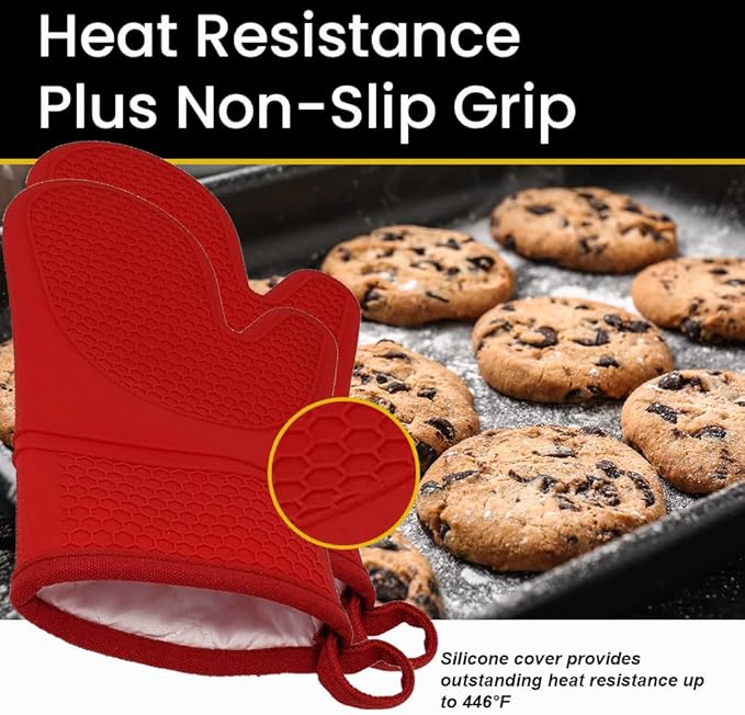 Oven Mitts Heat Resistant Silicone, Kitchen Gloves & Pot Holders, Cotton Lining, Non-Slip, Flexible, Durable, Easy Clean, Cooking, Baking, Grilling, Double Sided (Pair of 2 Oven Mitts) Red