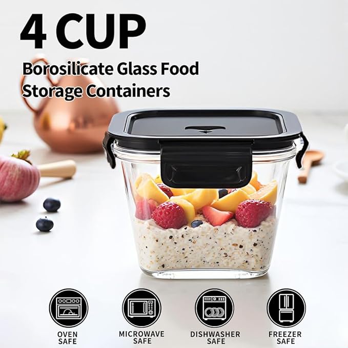 H.JSS WDJS 32oz Square Glass Food Storage Containers with Lids, 4 Cup Glass Soup Containers, Heat-Resistant BPA free Square Meal Prep Bowls for Microwave, Freezer, Dishwasher safe (4Packs)