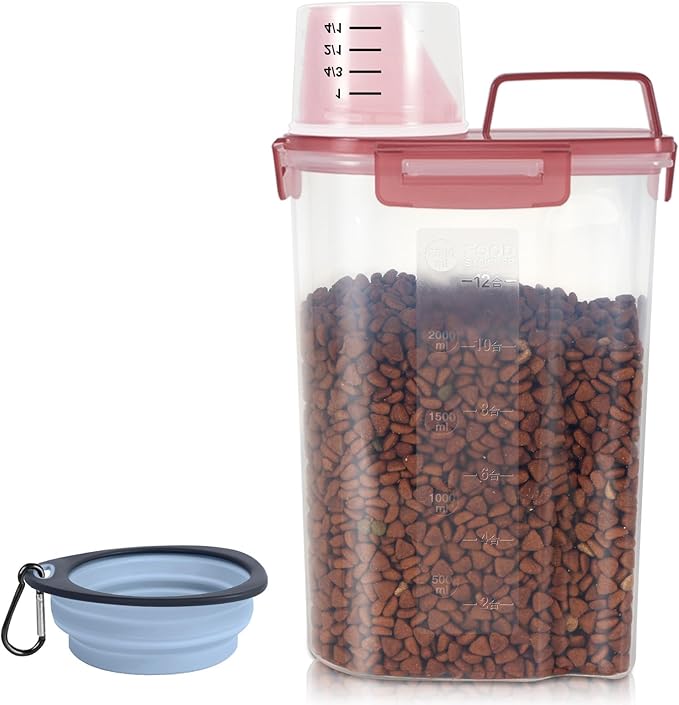 LEAWALK Airtight Small Cat Dog Pet Food Storage Containers BPA Free, with Large Pour Spout/1 Measuring Cup/ 4 Safety Locks and Double-layer Silicone Strip (Clear Pink, 3L-1pack)