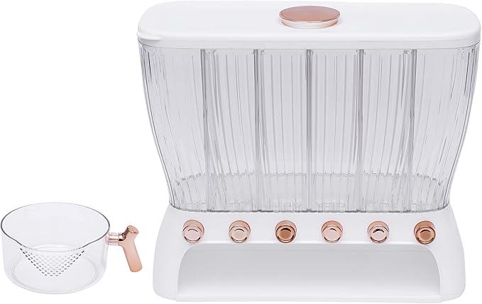 6 Grids Grain Dispenser Can, Cereal Rice & Grain Storage Container 6 Grid Beans Dispenser with Measuring Cup Wall mounted Dry Food Grain Dispenser for Grains Rice Dry Food Beans (White and Gold)
