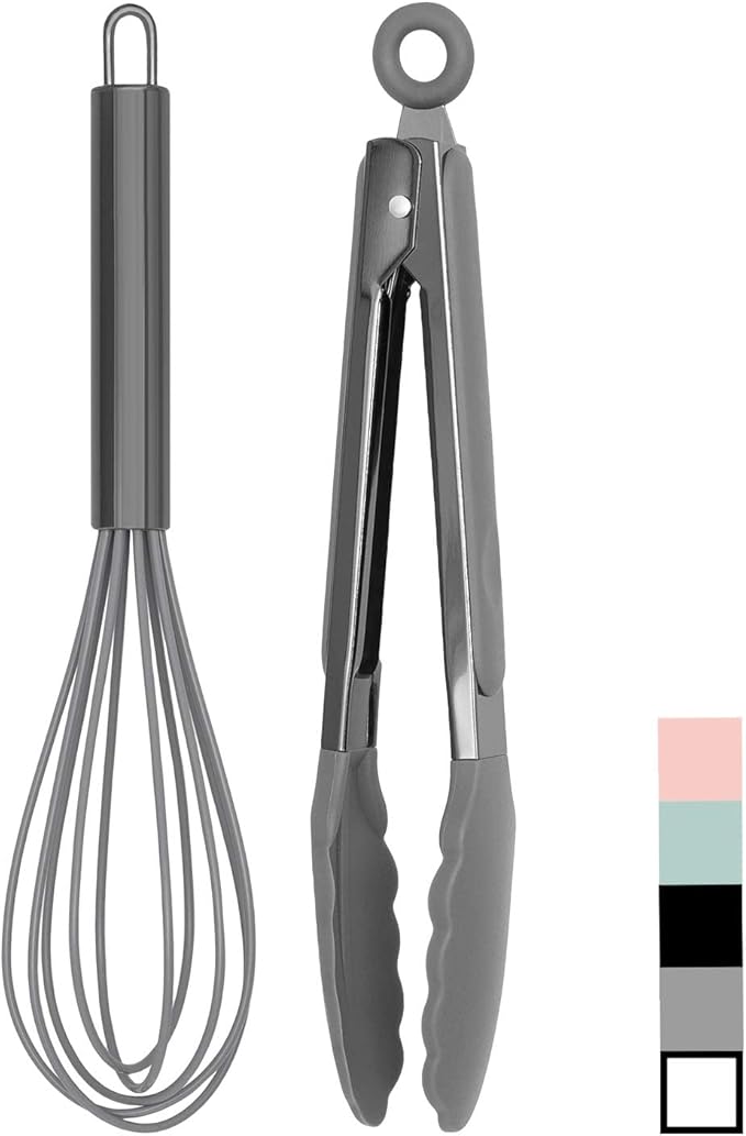Country Kitchen Stainless Steel Silicone Tipped Kitchen Food BBQ and Cooking Tongs for Non Stick Cookware, BPA Fee, Stylish, Sturdy, Locking, Grill Tongs, Gunmetal, Tong and Whisk Set, Gray