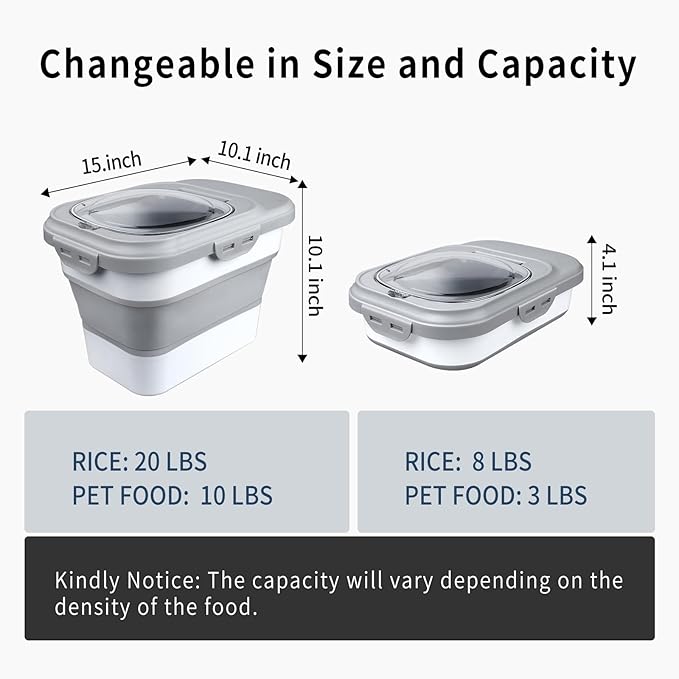 Komzon Rice Storage Container, Collapsible Airtight Food Storage Containers 6-20 Lbs, Rice Dispenser with Measuring Cup and Small Bin for Flour Cereal Pasta Grain, Cat Pet Dog Bird Food Container