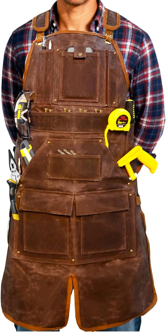 20-Pocket Heavy-Duty Waxed Canvas Work Apron – Fully Adjustable, Vintage Style Tool Organizer