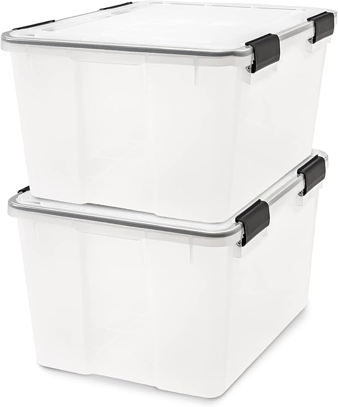 IRIS USA WeatherPro 47 Qt Storage Bins with Lids, 2 Pack, BPA-Free Plastic Gasket Box with Tight Latch and Seal, Stackable Nestable Tote Tub - Clear/Black