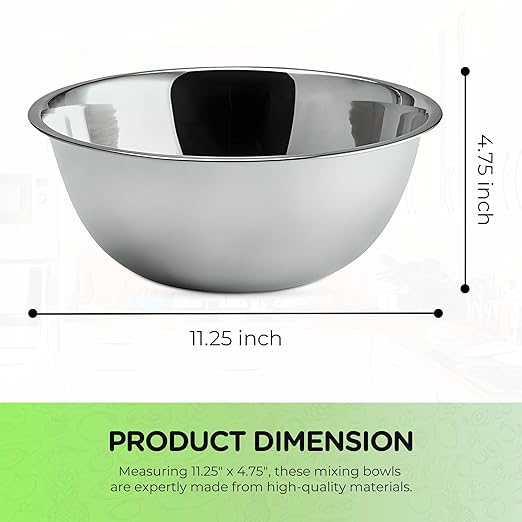 OCS Parts 5 Quart Mixing Bowls | Set of 2 | 11.25-Inch Stainless Steel Professional Grade Flat Base Mixing Bowls for Home and Commercial Kitchens | Dishwasher Safe