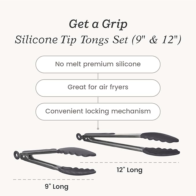 StarPack Premium Silicone Kitchen Tongs Set of 2 (9-Inch & 12-Inch) - Stainless Steel with Non-Stick Silicone Tips, High Heat Resistant to 480°F, For Cooking, Serving, Grill, BBQ & Salad (Stormy Grey)
