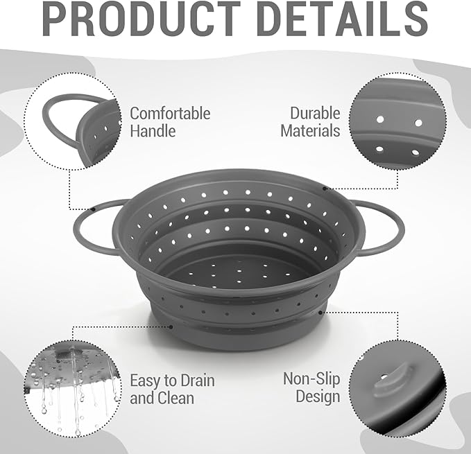 3 Pack Collapsible Colander with Strainer Bowl Set, 11 & 13 In BPA-Free Silicone Colanders for Kitchen, Heat-Resistant Space-Saving Strainer Dishwasher Safe Baskets for Vegetable Fruits(Grey)