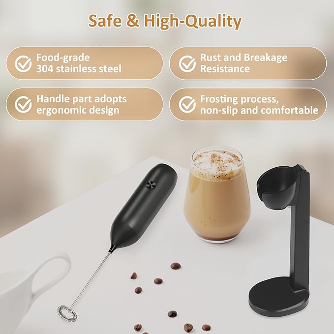 Rechargeable Milk Frother Handheld USB Type-C, Powerful Electric Foam Maker with Stand, Mini Drink Mixer for Coffee Latte, Cappuccino, Mocha, Macchiato, Frappe and Protein Powder