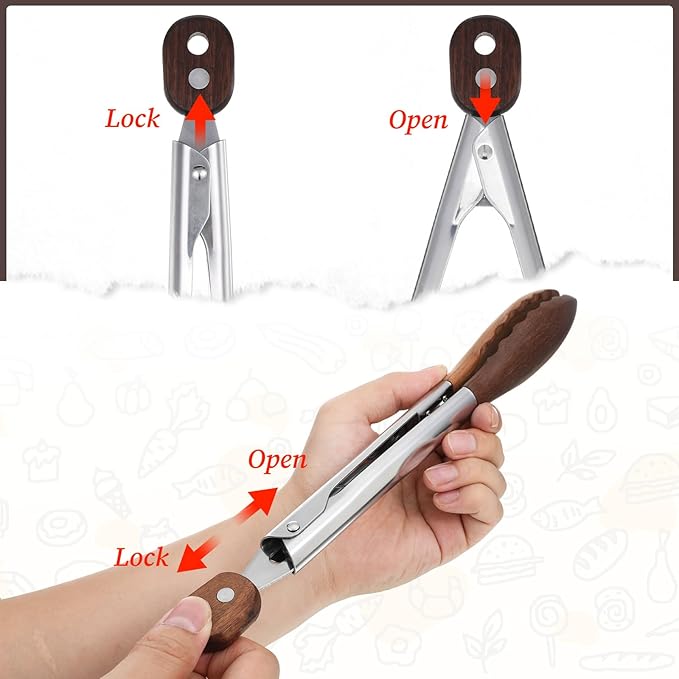 2 Pcs Wooden Tongs for Cooking, 9 & 10 Inch Durable Salad Tongs with Walnut Wood Tip Multifunctional Stainless Steel Handle Kitchen Tong for Serving Food, Bread, BBQ, Tossing Salad - Lock Dsign