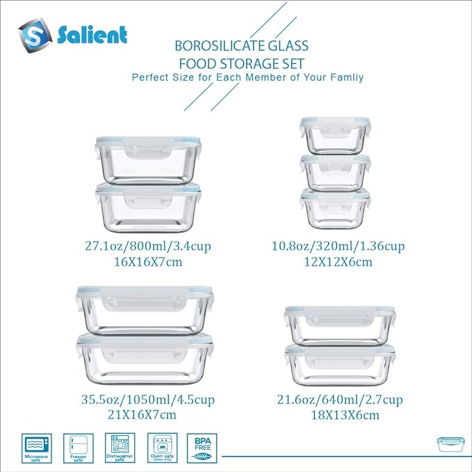 S SALIENT 18 Piece Glass Food Storage Containers with Lids, Glass Meal Prep Containers, food storage Containers for Food Storage, BPA Free & Leak Proof (9 lids & 9 Containers)