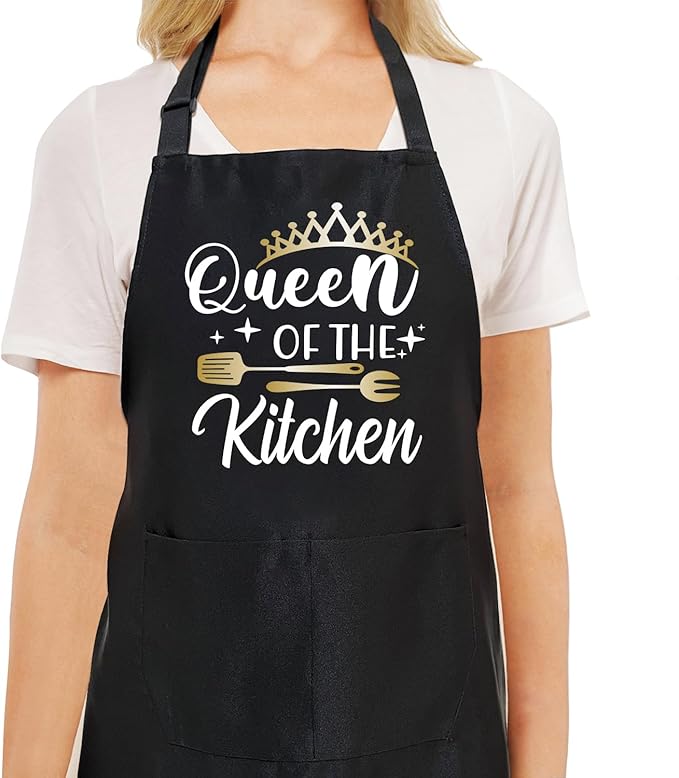 Black Baking Aprons for Women, Adjustable Cooking Baking Kitchen Aprons for Mom Chef with Pockets