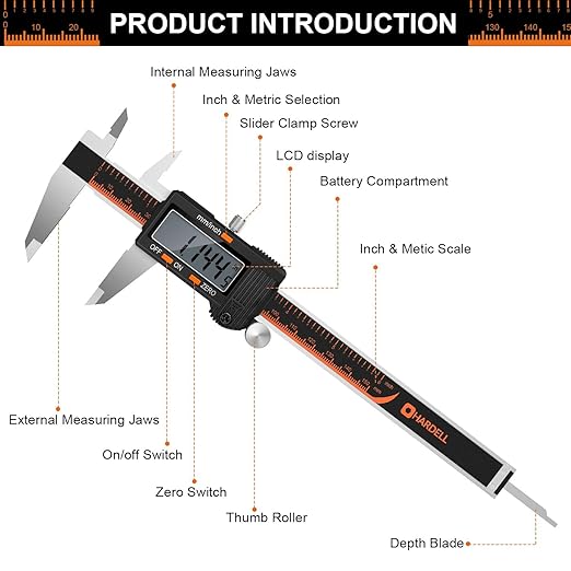 HARDELL Digital Caliper, 6 Inch Stainless Steel Caliper Measuring Tool with Large LCD Screen, Electronic Micrometer Caliper Digital Inch/Millimeter Conversion, Automatic Off(Ruler & 2 Batteries)