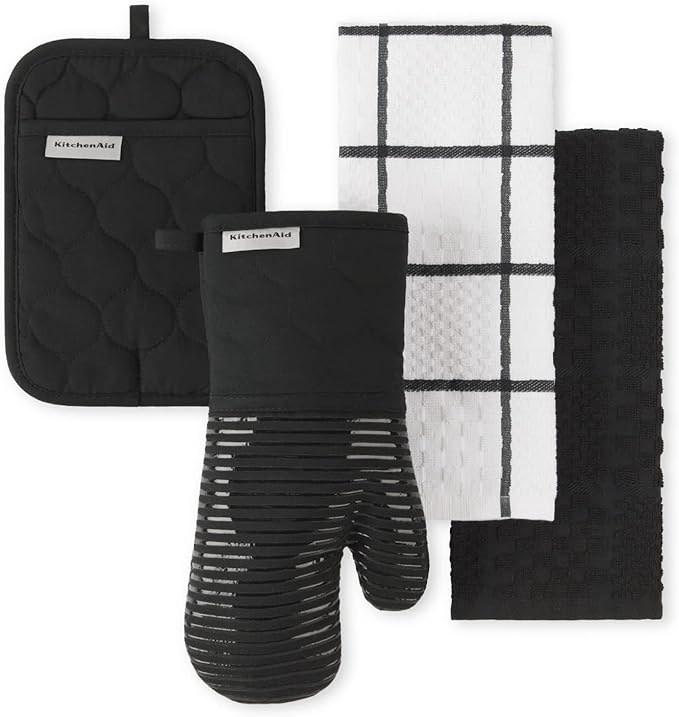 KitchenAid Quilted Cotton Terry Cloth Oven Mitt, Pot Holder, Kitchen Towel 4-Pack Set, Heat Resistant, Silicone Grip, Gift Set, Matte Black, 16"x26", 7"x13" & 7"x10"