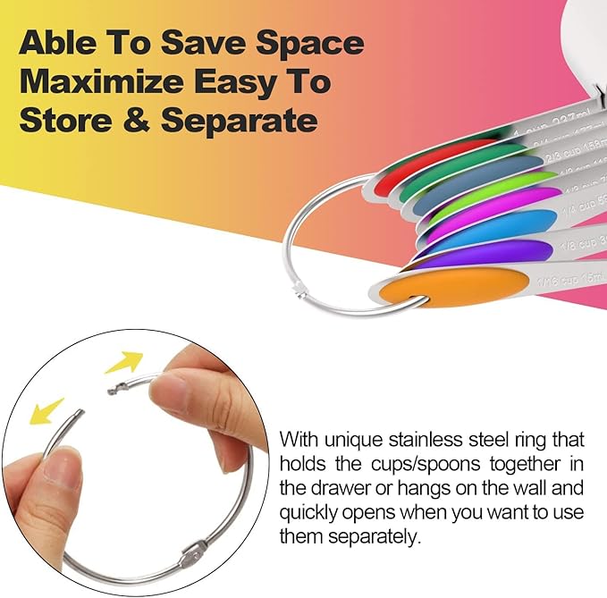 Measuring Cups & Spoons Set of 16, Wildone Premium Stainless Steel Measuring Cups and Measuring Spoons with Colored Silicone Handle, Including 8 Nesting Cups, 8 Spoons, for Dry and Liquid Ingredient