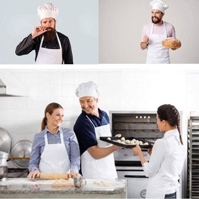 White Chef hat and Apron for Adults Men Women, Cooking Grilling BBQ Kitchen Chef Apron and Butcher Hat Set (1, White)