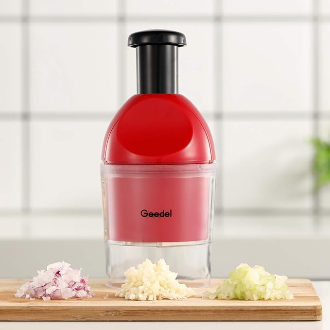 Geedel Food Chopper, Easy to Clean Manual Hand Vegetable Chopper, Dishwasher Safe Slap Onion Cutter for Veggies Onions Garlic Nuts Salads Red