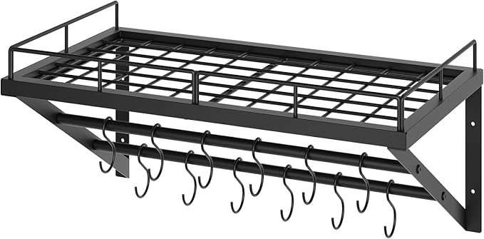 YATINEY Wall Mounted Pot Rack, 23.8 Inch Pot and Pan Organizer with 2 Tier Hanging Rails, 12 S-Hooks, Metal Pot Rack for Kitchen Cookware Organizer, Space Saving, for Kitchen Utensils, Black PR01BK