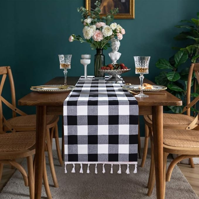 DUOBAO Black and White Checkered Table Runner 90 inches Long Halloween Tablecloth Runners Buffalo Plaid Fabric with Tassels Gingham for Table Outdoor Indoor Wedding Birthday Party (14x90-Inch)
