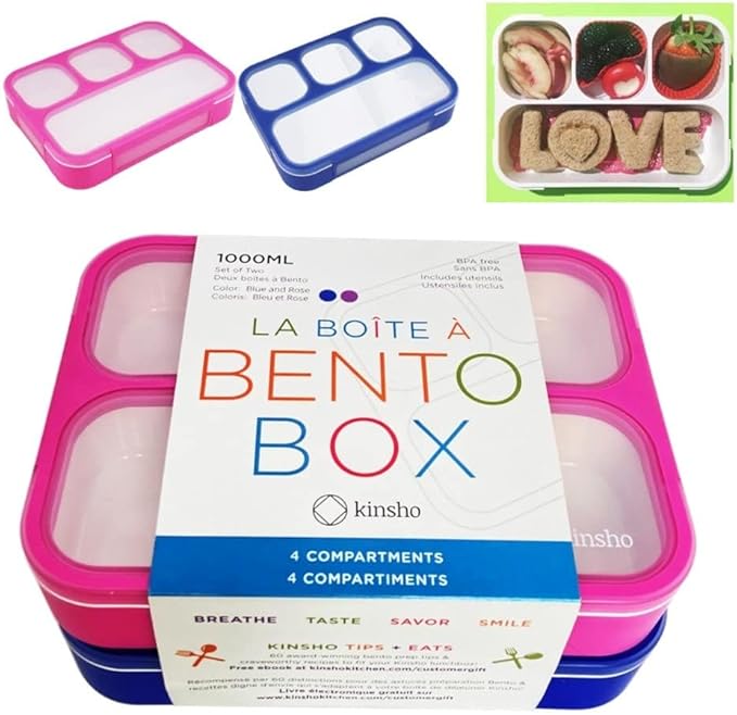 Bento Lunch-Box For Kids And Adults: Lunch Boxes With 4 Sealed Compartments, Divided Containers For Boys Girls Women Men - School Work Portion Container, Utensils, Blue + Rose Pink 2 Pack Set