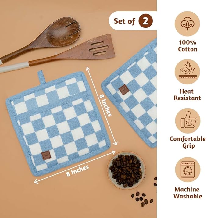 Folkulture Pot Holders for Kitchen | Pack of 2 (8x8) Ribbed Soft Silicone Hot Pads for Kitchen | 100% Cotton Cute Oven Pot Holders Set | Heat Resistant | Machine Washable | Non Slip | Checkmate
