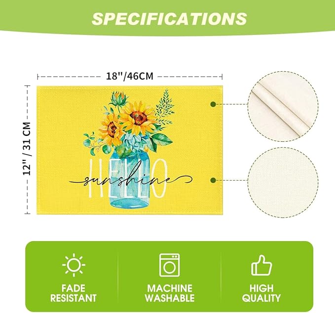 Bloss Yellow Hello Sunshine Sunflower Summer Placemats Set of 6, 12 x 18 Inch Spring Seasonal Holiday Decoration Rustic Vintage Washable Table Mats, Placemats for Dining Table