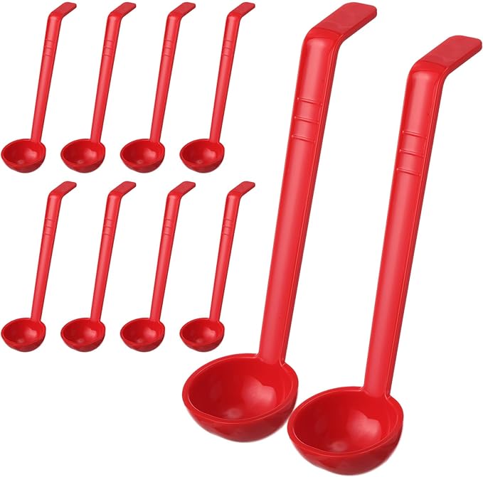 Tioncy 10 Pcs 1 oz Small Ladle 7.1 Inches Mini Ladle for Serving Sauce, Soup, Dressing, Punch Bowl, Gravy, Cocktail, Fruit Juices Reusable Plastic Long Handle Spoon for Party Banquets Catering (Red)