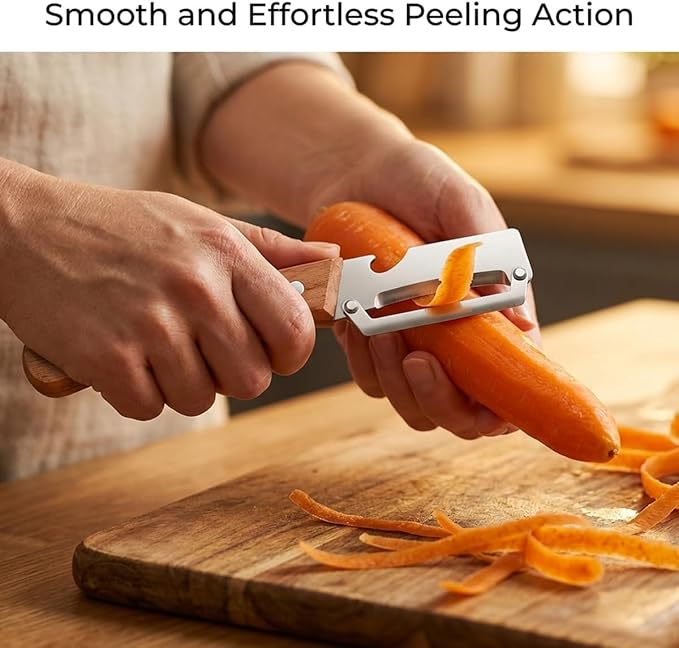 2 Pack Multifunctional Vegetable Peeler, 2-in-1 Kitchen Peeler with Bottle Opener, Wooden Handle & Stainless Steel Blade, for Potato, Carrot, Fruit, Pumpkin, Papaya & More