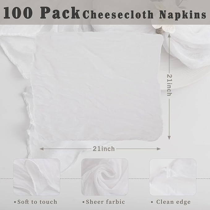 100 Pack White Cheesecloth Napkins Washable 21x21 Inches White Cloth Napkins Set of 100 Dinner Table Napkins for Wedding Cotton Gauze Bridal Baby Shower Rustic Boho Summer Party Table Decor