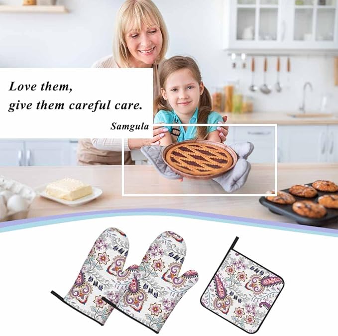 Ethnic Flowers Oven Mitts and Pot Holders Sets Leaves Purple Pastel Heat Resistant 3pcs for Cooking Baking BBQ