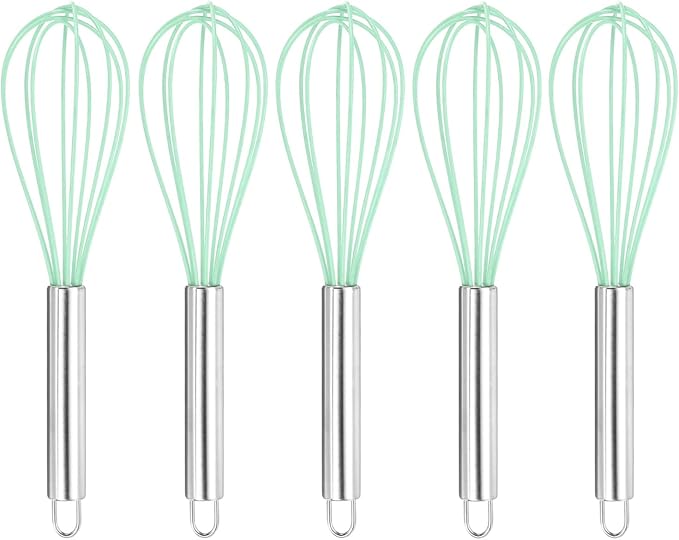 HARFINGTON 5Pcs Silicone Whisk 10" Kitchen Whisk Wire Whisks Beater with Stainless Steel Handle for Egg Milk Whisking Blending Beating & Stirring, Green