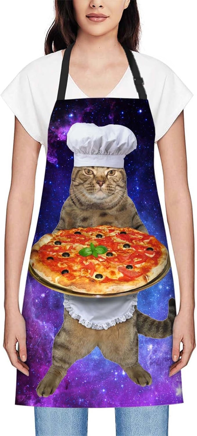 oFloral Funny Cat with a Big Pizza Bib Apron with Adjustable Neck for Men Women,Suitable for Home Kitchen Cooking Waitress Chef Grill Bistro Baking BBQ Apron