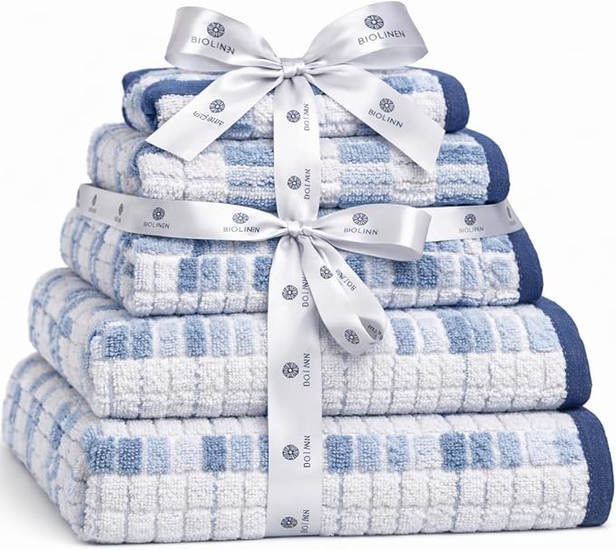 BIOLINEN Natural 6-Piece Luxury Cotton Towel Set - 2 Bath Towels, 2 Hand Towels, 2 Washcloths - Soft Absorbent Towel Pack for Bathroom, Home, Gym & Travel
