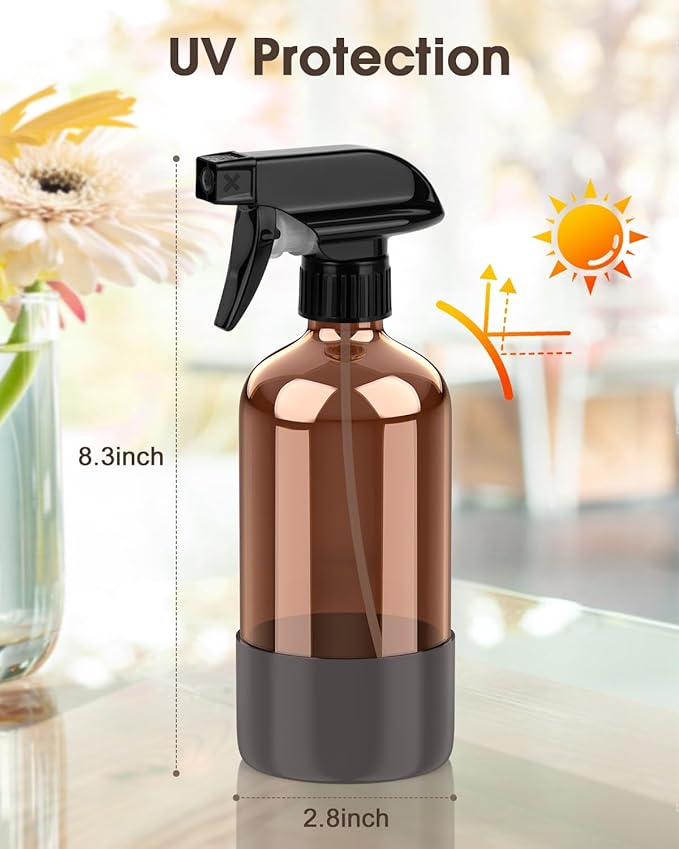 Bontip Glass Spray Bottle with Silicone Sleeve Protection, Amber Glass Spray Bottle Set for Window Cleaner Aromatherapy Facial Hydration Watering Flowers Hair Care 2 Pack/16 oz (Grey, 16 oz)