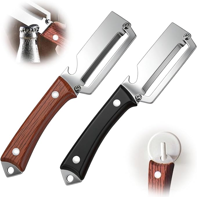 2Pcs Premium Vegetable Peeler with Wooden Handle and Bottle Opener,Multifunctional 3-in-1 Stainless Steel Kitchen Tool for various fruits and vegetables that require peeling（Black + Brown）
