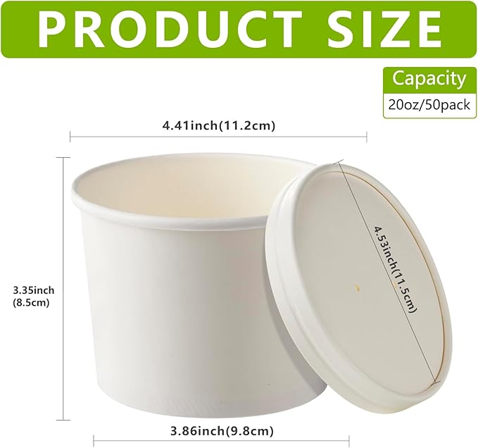 50 Pack 20oz White Paper Soup Containers with lids, Ice Cream Bowl with Lids, Disposable Ice Cream Cup Dessert Bowls for Party Supplies, Restaurants & Takeout