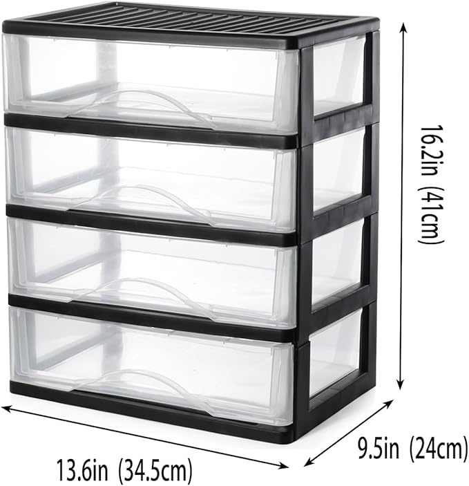 BYCY Medium 4 Drawer Clear Stacking Desktop Organizer for Office Supplies,Stackable Storage Drawers Plastic Storage Bins For Kitchen Cabinets, Pantry, Home Organization (Black, Medium 4Drawer)
