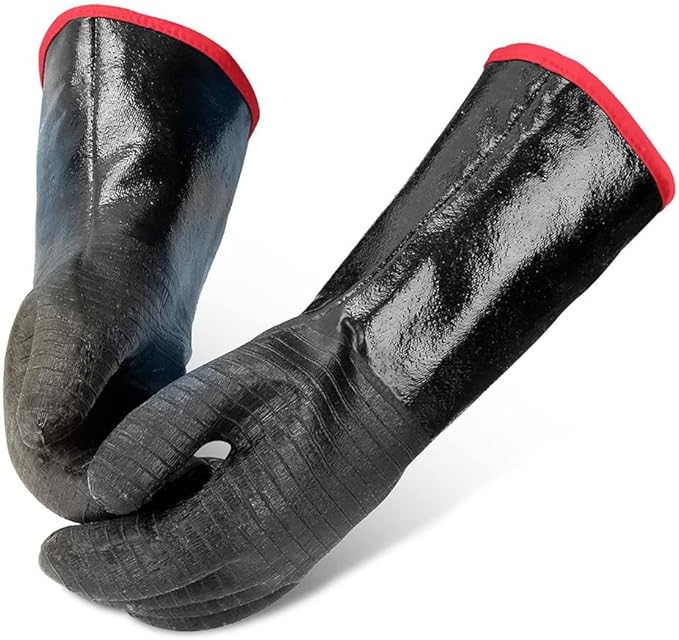 2 PCS BBQ Gloves - 1472°F Thicken Heat Gloves W/S-Hook 14 in Kitchen Oven Mitts Black Neoprene Waterproof Grill Gloves