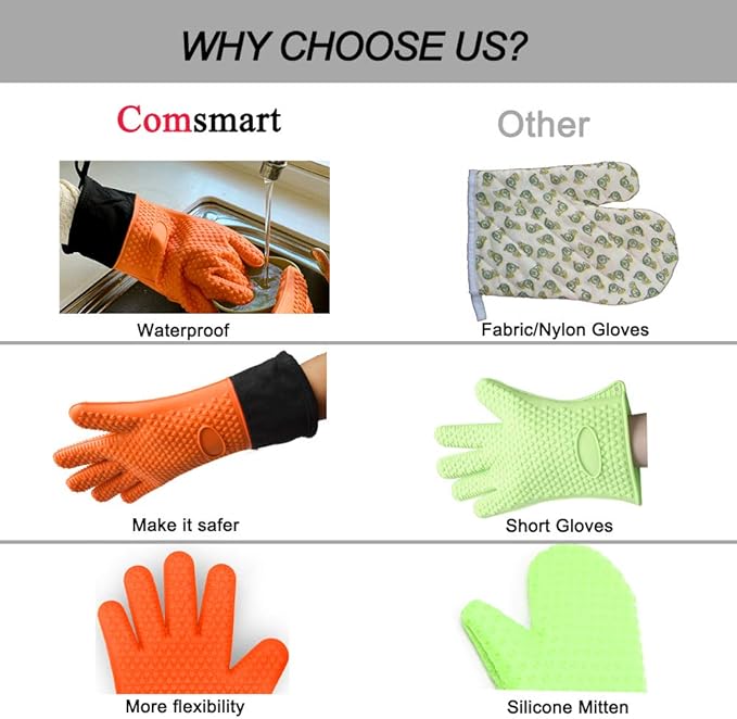 Comsmart BBQ Gloves, Heat Resistant Silicone Grilling Gloves, Long Waterproof BBQ Kitchen Oven Mitts with Inner Cotton Layer for Barbecue, Cooking, Baking, Smoker(Orange)