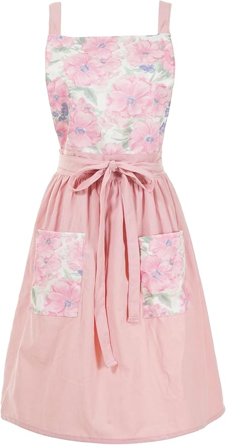 Pinknoke Vintage Pinafore Apron Dress for Women with Pockets Cute Floral Chef Aprons for Kitchen Cooking Baking Gardening
