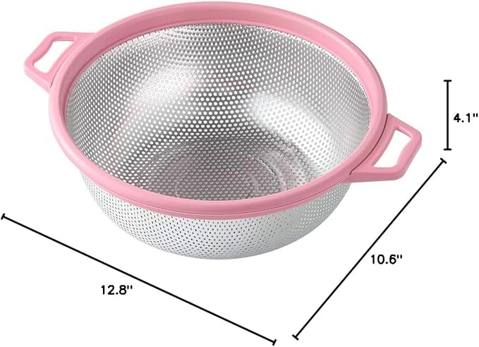HiramWare Stainless Steel Colander With Handle and Legs, Large Metal Pink Strainer for Pasta, Spaghetti, Berry, Veggies, Fruits, Noodles, Salads, 5-quart 10.5” Kitchen Mesh Colander, Dishwasher Safe