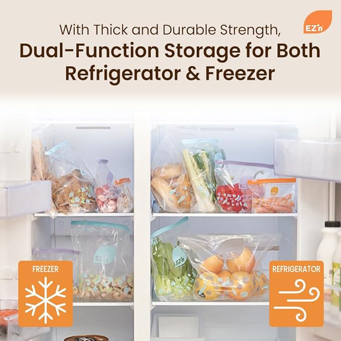 EZ'n Standard Double Zipper Food Storage Bags – Variety Pack, S,M,L Size, Durable, BPA-Free, Leakproof & Freezer Safe Resealable Plastic Bags - Made in Korea