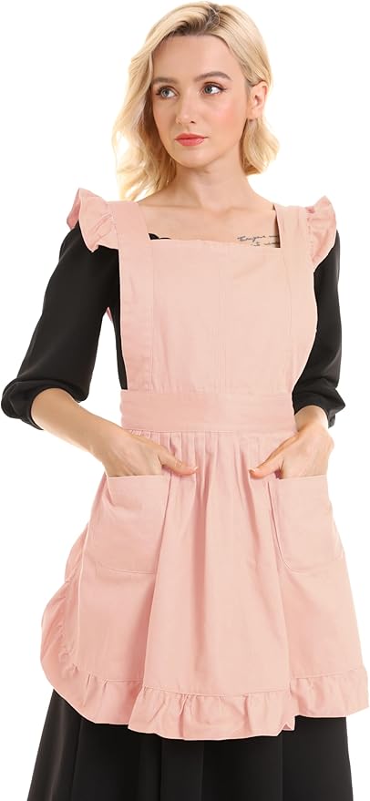 Retro Adjustable Ruffle Apron Kitchen Cooking Baking Cleaning Maid Costume (Pale Peach)