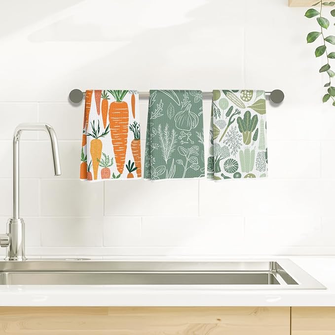 3Pcs Vegetables Kitchen Towels 24x14 Inch, Carrot Garlic Eggplant Decor Microfiber Dish Cloth Tea Towel, Waffle Absorbent Hand Towels for Kitchen Farmhouse Decor, Housewarming Gifts for Women Mom
