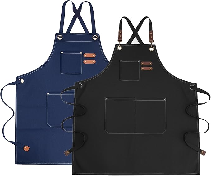 Chef Apron with Large Pockets for Women Men, Cotton Canvas Cross Back Water Repellent Adjustable Work Apron
