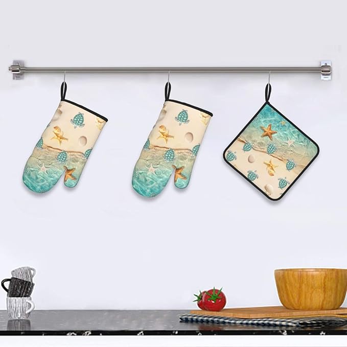 Sea Turtles Beach Oven Mitts and Pot Holders Sets of 3 Nautical Kitchen Decor Heat Resistant Hot Pads Teal Nautical Decorative Oven Gloves for Cooking Grilling Baking