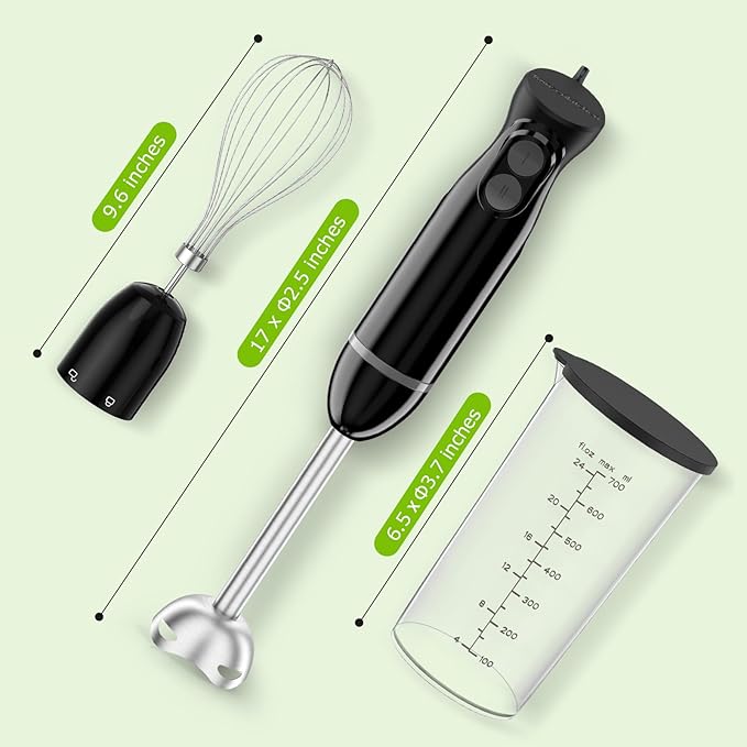 Bonsenkitchen Immersion Blender Handheld, 2 Mixing Speed Hand Blender Electric with Sharp Blades, 3-In-1 Hand Held Stick Blender with Egg Whisk, 24oz Beaker for Soups, Smoothies, Sauce