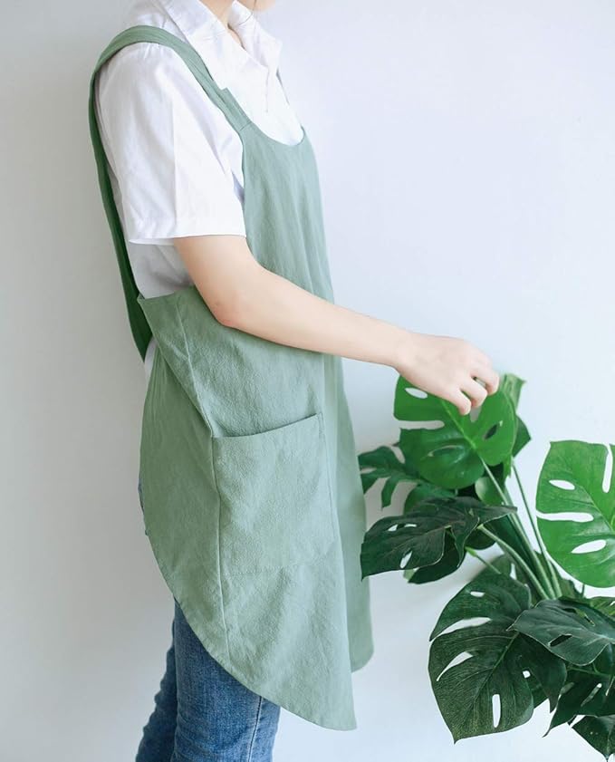NEWGEM Japanese Cotton Linen Cross Back Cooking Apron for Women Men with Pockets Cute for Baking Kitchen
