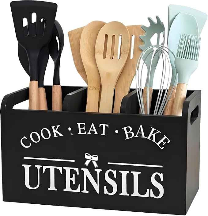 Utensil Holder,Wooden Utensil Holder for Kitchen Counter, Cooking Utensil Organizer with 3 Compartments,Utensil Crock for Silverware Spoon Spatula